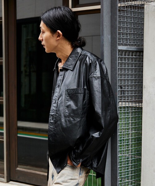 セール】ウォッシュ加工 フェイクレザー レギュラーカラーシャツ  