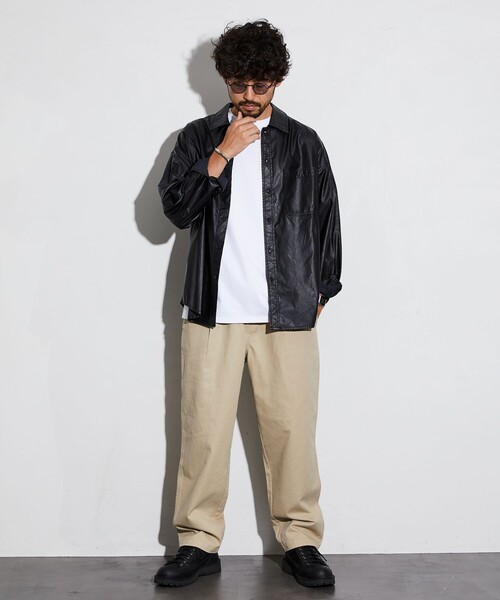 セール】ウォッシュ加工 フェイクレザー レギュラーカラーシャツ