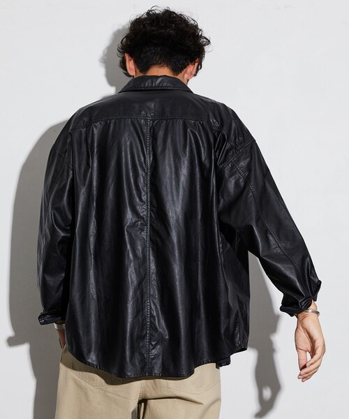 セール】ウォッシュ加工 フェイクレザー レギュラーカラーシャツ