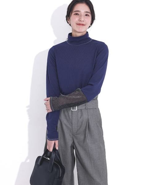 n'OrLABEL(ノアールレーベル)の「ラメ切り替えハイネックリブカットソー(Tシャツ/カットソー・レディース・ネイビー/杢グレー/アイボリー・3L/L~LL/S~M)」の5枚目の写真