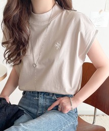 大人女子の上品ベーシック。綿100%シルケットモックネックフレンチTシャツ(刺繍)