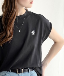 大人女子の上品ベーシック。綿100%シルケットモックネックフレンチTシャツ(刺繍)