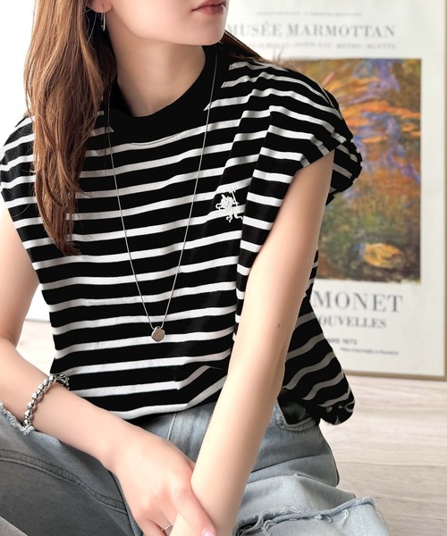 classicalelf(クラシカルエルフ)の「大人女子の上品ベーシック。綿100%シルケットモックネックフレンチTシャツ(刺繍)(Tシャツ/カットソー・レディース・ネイビー/ホワイト/ライトグレー/グリーン/ブラック/ホワイト系その他/ブラック系その他・X-LARGE/SMALL/MEDIUM/LARGE)」の13枚目の写真