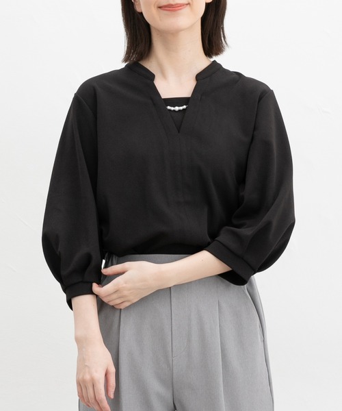 Honeys(ハニーズ)の「【ハニさら・接触冷感・イージーケア・UVカット】7分袖アクセ付トップス(Tシャツ/カットソー・レディース・ネイビー/ブルー/ブラック/ライトグレー・LL/3L/S/M/L)」の8枚目の写真