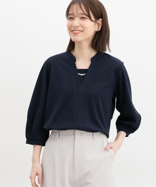 Honeys(ハニーズ)の「【ハニさら・接触冷感・イージーケア・UVカット】7分袖アクセ付トップス(Tシャツ/カットソー・レディース・ネイビー/ブルー/ブラック/ライトグレー・LL/3L/S/M/L)」の10枚目の写真