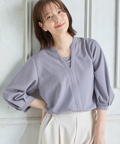 Honeys(ハニーズ)の「【ハニさら・接触冷感・イージーケア・UVカット】7分袖アクセ付トップス(Tシャツ/カットソー・レディース・ネイビー/ブルー/ブラック/ライトグレー・LL/3L/S/M/L)」の13枚目の写真