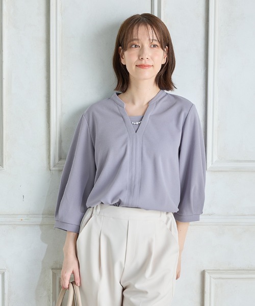 Honeys(ハニーズ)の「【ハニさら・接触冷感・イージーケア・UVカット】7分袖アクセ付トップス(Tシャツ/カットソー・レディース・ネイビー/ブルー/ブラック/ライトグレー・LL/3L/S/M/L)」の14枚目の写真