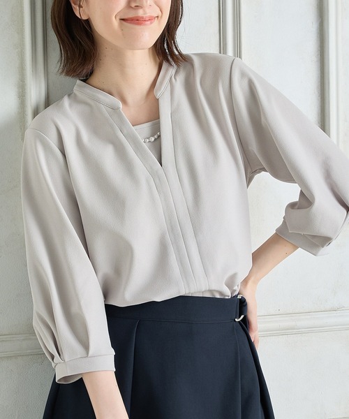 Honeys(ハニーズ)の「【ハニさら・接触冷感・イージーケア・UVカット】7分袖アクセ付トップス(Tシャツ/カットソー・レディース・ネイビー/ブルー/ブラック/ライトグレー・LL/3L/S/M/L)」の5枚目の写真