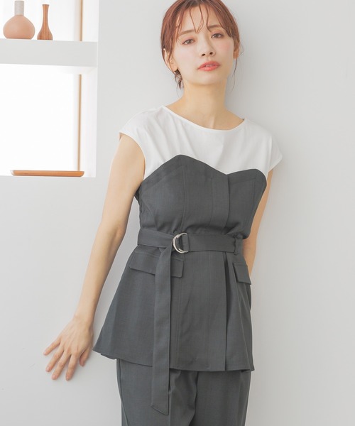 mysty woman(ミスティウーマン)の「【セットアップ着用可】ビスチェレイヤードフレンチスリーブプルオーバー 320390(Tシャツ/カットソー・レディース・アイボリー/チャコールグレー/グレー・FREE)」の3枚目の写真