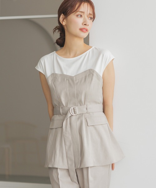 mysty woman(ミスティウーマン)の「【セットアップ着用可】ビスチェレイヤードフレンチスリーブプルオーバー 320390(Tシャツ/カットソー・レディース・アイボリー/チャコールグレー/グレー・FREE)」の2枚目の写真