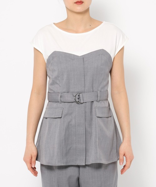 mysty woman(ミスティウーマン)の「【セットアップ着用可】ビスチェレイヤードフレンチスリーブプルオーバー 320390(Tシャツ/カットソー・レディース・アイボリー/チャコールグレー/グレー・FREE)」の11枚目の写真