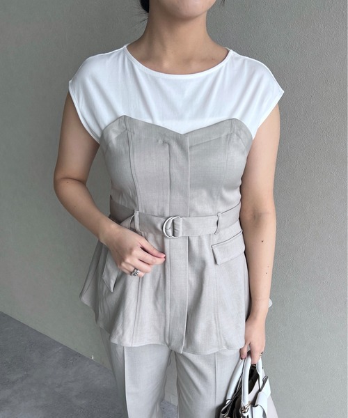 mysty woman(ミスティウーマン)の「【セットアップ着用可】ビスチェレイヤードフレンチスリーブプルオーバー 320390(Tシャツ/カットソー・レディース・アイボリー/チャコールグレー/グレー・FREE)」の5枚目の写真