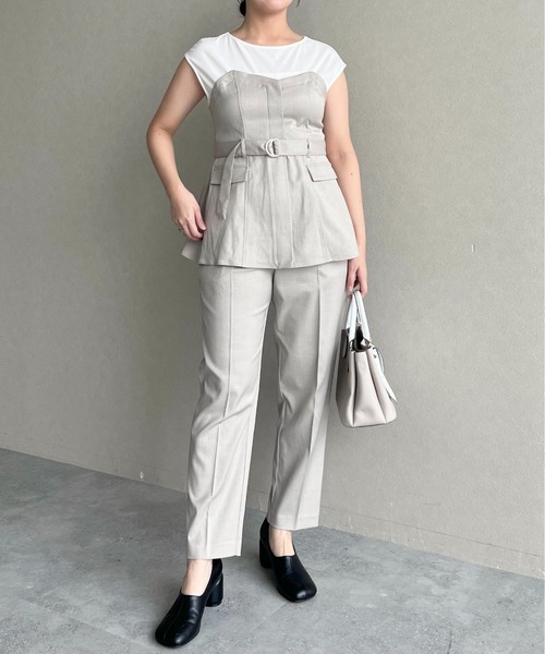 mysty woman(ミスティウーマン)の「【セットアップ着用可】ビスチェレイヤードフレンチスリーブプルオーバー 320390(Tシャツ/カットソー・レディース・アイボリー/チャコールグレー/グレー・FREE)」の6枚目の写真