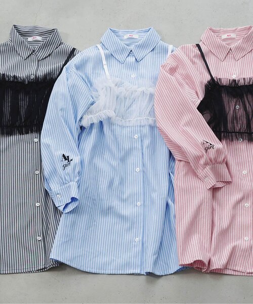 algy（アルジー）の「シアービスチェ付きシャツワンピ（シャツワンピース・キッズ・ピンク/ブラック/サックスブルー・XX-SMALL/X-SMALL/MEDIUM/SMALL）」の3枚目の写真