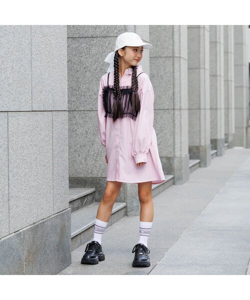algy（アルジー）の「シアービスチェ付きシャツワンピ（シャツワンピース・キッズ・ピンク/ブラック/サックスブルー・XX-SMALL/X-SMALL/MEDIUM/SMALL）」の4枚目の写真