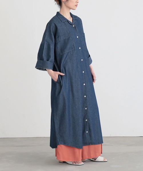 n'OrLABEL（ノアールレーベル）の「『オープンカラーデニムワンピース』（シャツワンピース・レディース・ネイビー/ライトベージュ/ブルー・FREE）」の5枚目の写真