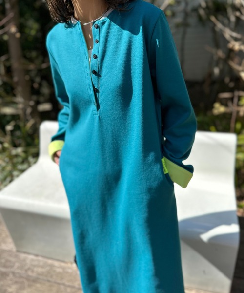 配色 Wフェイス ヘンリーネック ロングワンピース（ワンピース）｜mi