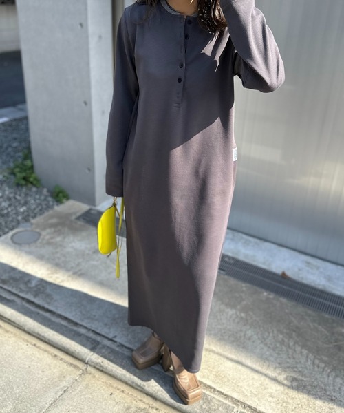 配色 Wフェイス ヘンリーネック ロングワンピース（ワンピース）｜mi