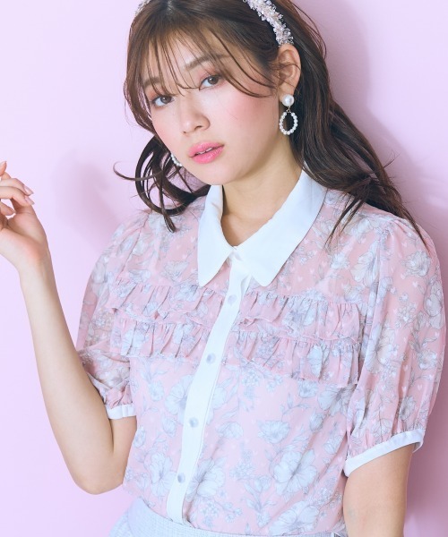 marun(マルン)の「<大きいサイズ>オリジナル柄配色ブラウス marun(シャツ/ブラウス・レディース・ネイビー系/ピンク系・L/5L/4L/3L/LL)」の1枚目の写真