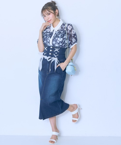 marun(マルン)の「<大きいサイズ>オリジナル柄配色ブラウス marun(シャツ/ブラウス・レディース・ネイビー系/ピンク系・L/5L/4L/3L/LL)」の5枚目の写真