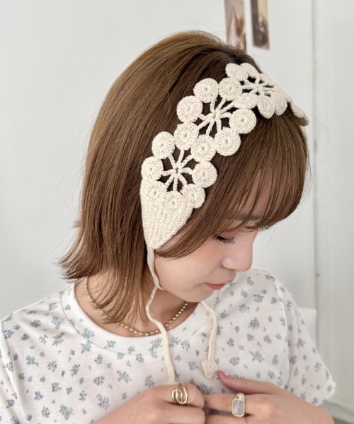 セール】クロシェ編みフラワーヘッドバンド（ヘアバンド