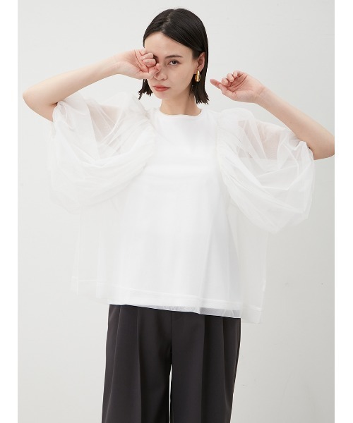 Mila Owen（ミラオーウェン）の「ボリュームスリーブチュールレイヤードトップス（Tシャツ/カットソー・レディース・ブラック/ホワイト/モカ・0/1）」の8枚目の写真