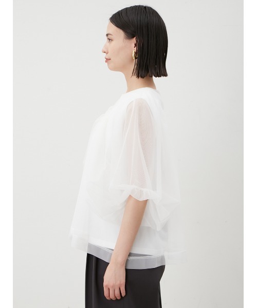 Mila Owen（ミラオーウェン）の「ボリュームスリーブチュールレイヤードトップス（Tシャツ/カットソー・レディース・ブラック/ホワイト/モカ・0/1）」の9枚目の写真