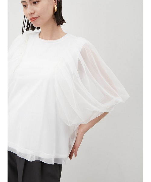 Mila Owen（ミラオーウェン）の「ボリュームスリーブチュールレイヤードトップス（Tシャツ/カットソー・レディース・ブラック/ホワイト/モカ・0/1）」の12枚目の写真