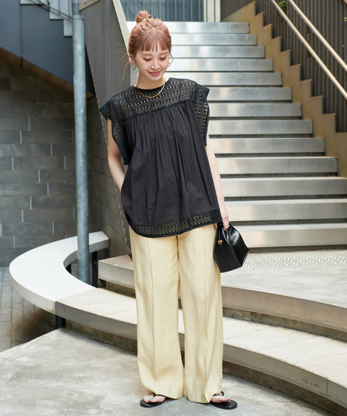 B.C STOCK(ベーセーストック)の「手洗い可 / コットンメッシュレースハギブラウス(シャツ/ブラウス・レディース・ホワイト/ブルー/ブラック・FREE)」の4枚目の写真