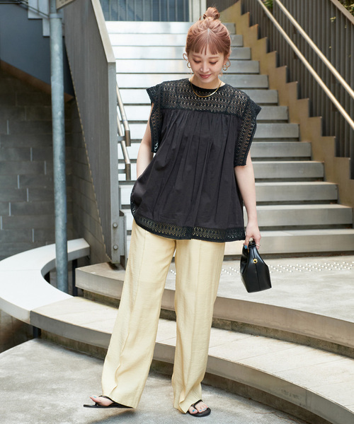 B.C STOCK(ベーセーストック)の「手洗い可 / コットンメッシュレースハギブラウス(シャツ/ブラウス・レディース・ホワイト/ブルー/ブラック・FREE)」の5枚目の写真