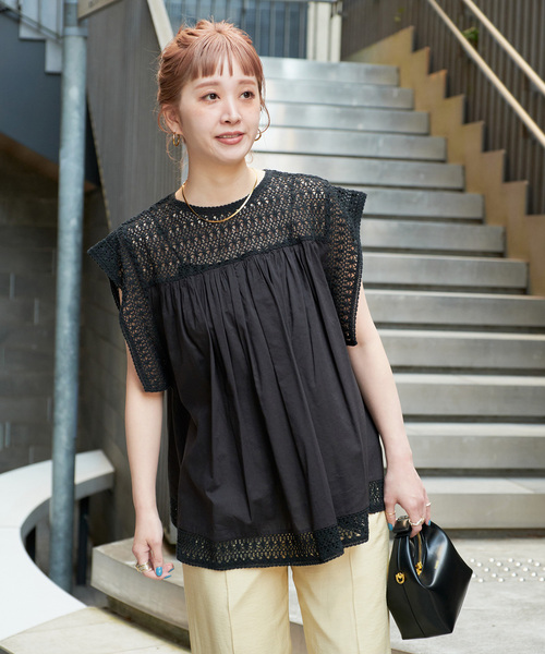 B.C STOCK(ベーセーストック)の「手洗い可 / コットンメッシュレースハギブラウス(シャツ/ブラウス・レディース・ホワイト/ブルー/ブラック・FREE)」の9枚目の写真