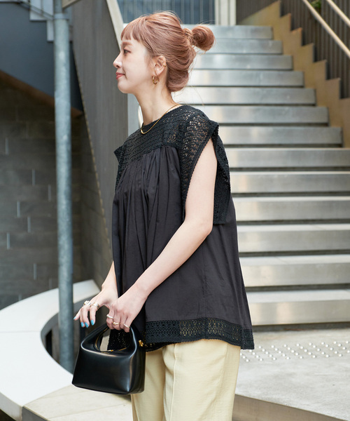 B.C STOCK(ベーセーストック)の「手洗い可 / コットンメッシュレースハギブラウス(シャツ/ブラウス・レディース・ホワイト/ブルー/ブラック・FREE)」の10枚目の写真