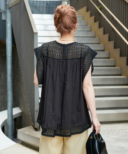 B.C STOCK(ベーセーストック)の「手洗い可 / コットンメッシュレースハギブラウス(シャツ/ブラウス・レディース・ホワイト/ブルー/ブラック・FREE)」の14枚目の写真