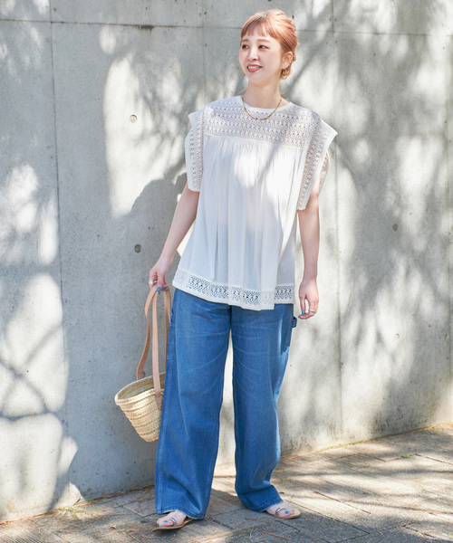 B.C STOCK(ベーセーストック)の「手洗い可 / コットンメッシュレースハギブラウス(シャツ/ブラウス・レディース・ホワイト/ブルー/ブラック・FREE)」の17枚目の写真