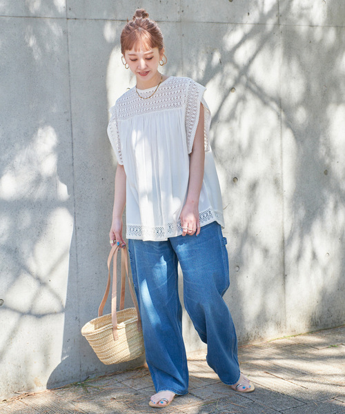 B.C STOCK(ベーセーストック)の「手洗い可 / コットンメッシュレースハギブラウス(シャツ/ブラウス・レディース・ホワイト/ブルー/ブラック・FREE)」の18枚目の写真