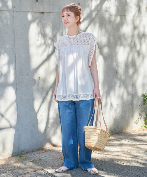 B.C STOCK(ベーセーストック)の「手洗い可 / コットンメッシュレースハギブラウス(シャツ/ブラウス・レディース・ホワイト/ブルー/ブラック・FREE)」の19枚目の写真