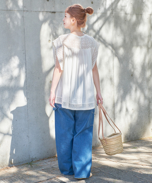 B.C STOCK(ベーセーストック)の「手洗い可 / コットンメッシュレースハギブラウス(シャツ/ブラウス・レディース・ホワイト/ブルー/ブラック・FREE)」の22枚目の写真