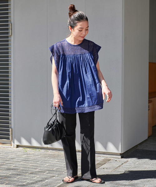 エルメス★ ベージュ系★華やぎ総レース★コットン素材★高級シャツブラウス★36 レース トップス 刺繍 ブラウス 半袖 総レース シースルー