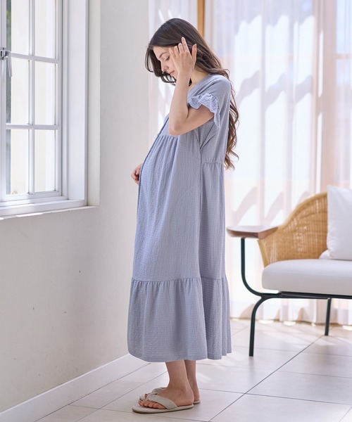 Rosemadame(ローズマダム)の「シャーリング ジャガードネグリジェ/ ワンピースパジャマ(産前・産後対応 マタニティ&授乳服 ルームウェア)(マタニティウェア/グッズ・レディース・ブラック×ホワイト/サックスブルー/オレンジ・LL/L/M)」の11枚目の写真