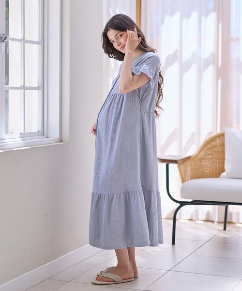 Rosemadame(ローズマダム)の「シャーリング ジャガードネグリジェ/ ワンピースパジャマ(産前・産後対応 マタニティ&授乳服 ルームウェア)(マタニティウェア/グッズ・レディース・ブラック×ホワイト/サックスブルー/オレンジ・LL/L/M)」の12枚目の写真