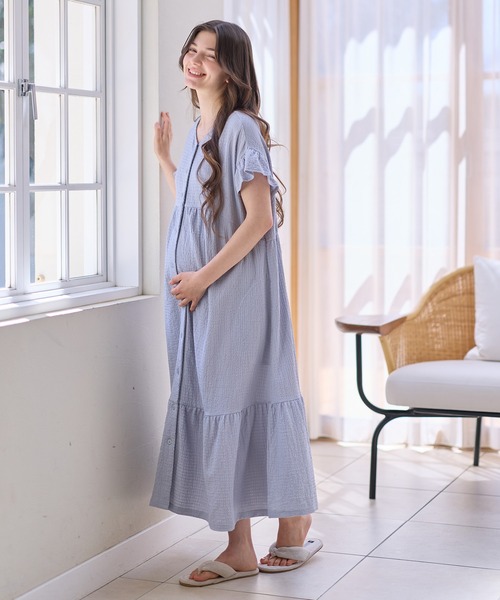 Rosemadame(ローズマダム)の「シャーリング ジャガードネグリジェ/ ワンピースパジャマ(産前・産後対応 マタニティ&授乳服 ルームウェア)(マタニティウェア/グッズ・レディース・ブラック×ホワイト/サックスブルー/オレンジ・LL/L/M)」の14枚目の写真