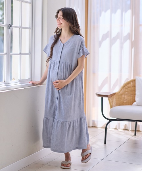 Rosemadame(ローズマダム)の「シャーリング ジャガードネグリジェ/ ワンピースパジャマ(産前・産後対応 マタニティ&授乳服 ルームウェア)(マタニティウェア/グッズ・レディース・ブラック×ホワイト/サックスブルー/オレンジ・LL/L/M)」の17枚目の写真