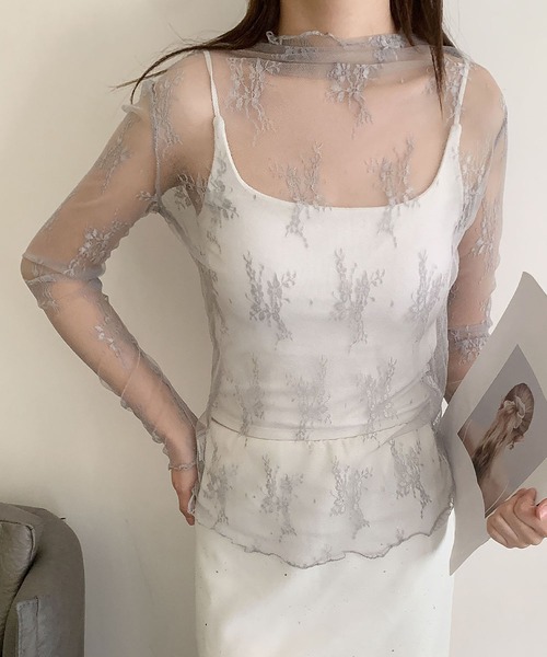 LOWO(ロワ)の「シースルートップス 長袖 ハイネック チュール レース メロウ メロー シアートップス レイヤードトップス 結婚式 パーティー オケージョン お呼ばれ(Tシャツ/カットソー・レディース・グレー/アイボリー/ブラック・FREE)」の3枚目の写真