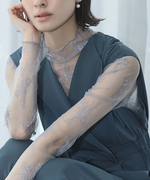 LOWO(ロワ)の「シースルートップス 長袖 ハイネック チュール レース メロウ メロー シアートップス レイヤードトップス 結婚式 パーティー オケージョン お呼ばれ(Tシャツ/カットソー・レディース・グレー/アイボリー/ブラック・FREE)」の6枚目の写真