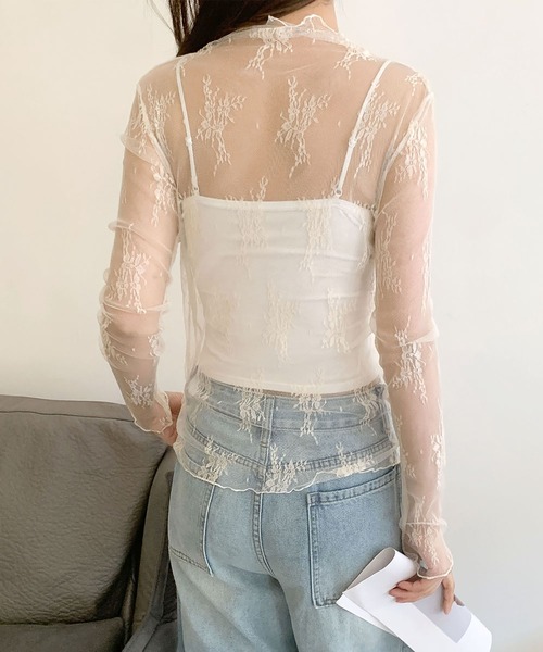 LOWO(ロワ)の「シースルートップス 長袖 ハイネック チュール レース メロウ メロー シアートップス レイヤードトップス 結婚式 パーティー オケージョン お呼ばれ(Tシャツ/カットソー・レディース・グレー/アイボリー/ブラック・FREE)」の8枚目の写真