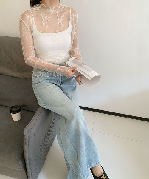 LOWO(ロワ)の「シースルートップス 長袖 ハイネック チュール レース メロウ メロー シアートップス レイヤードトップス 結婚式 パーティー オケージョン お呼ばれ(Tシャツ/カットソー・レディース・グレー/アイボリー/ブラック・FREE)」の9枚目の写真