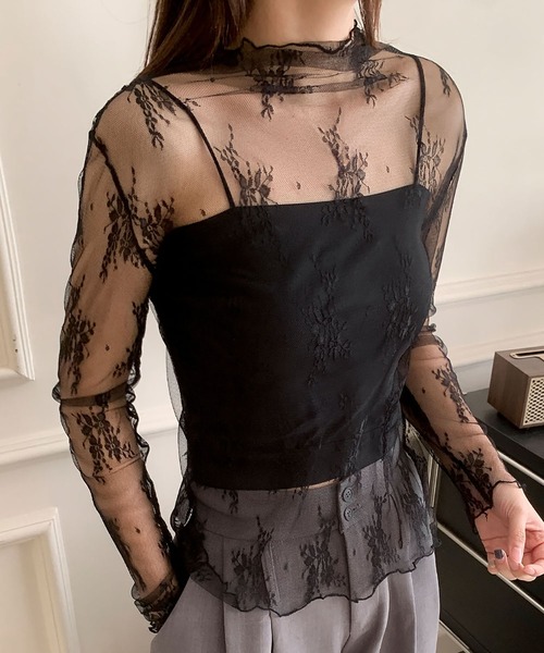 LOWO(ロワ)の「シースルートップス 長袖 ハイネック チュール レース メロウ メロー シアートップス レイヤードトップス 結婚式 パーティー オケージョン お呼ばれ(Tシャツ/カットソー・レディース・グレー/アイボリー/ブラック・FREE)」の13枚目の写真
