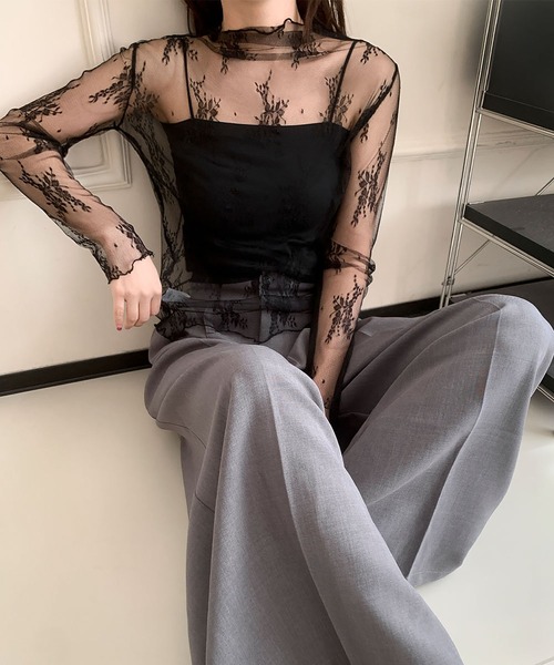 LOWO(ロワ)の「シースルートップス 長袖 ハイネック チュール レース メロウ メロー シアートップス レイヤードトップス 結婚式 パーティー オケージョン お呼ばれ(Tシャツ/カットソー・レディース・グレー/アイボリー/ブラック・FREE)」の14枚目の写真
