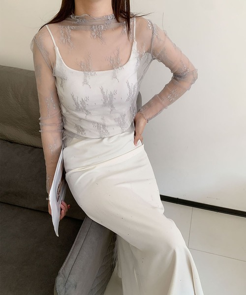 LOWO(ロワ)の「シースルートップス 長袖 ハイネック チュール レース メロウ メロー シアートップス レイヤードトップス 結婚式 パーティー オケージョン お呼ばれ(Tシャツ/カットソー・レディース・グレー/アイボリー/ブラック・FREE)」の18枚目の写真