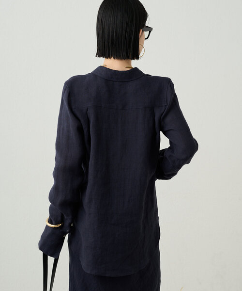 ラウンジドレス　リネンシャツ　ネイビー　金ボタン　フリー美品 サテンBIGシャツ（シャツ/ブラウス）｜LOUNGEDRESS（ラウンジ